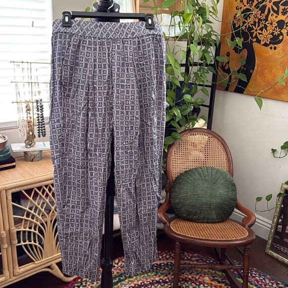 NWT Raquel Allegra Easy Pant 100% Rayon Blue Foulard High Rise Elastic Waistband